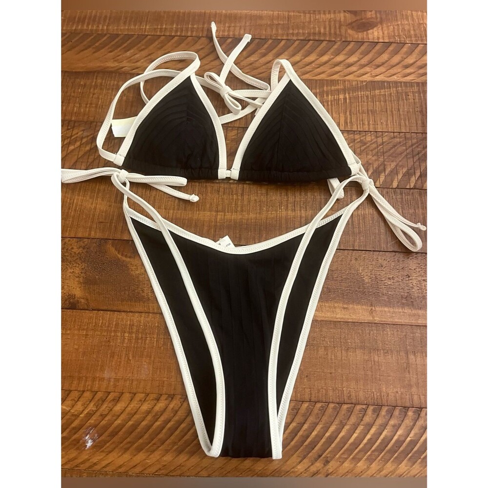 NWT Aerie FULL SET Wide Rib String Triangle Top + Low Rise Tie Bottoms Black - S
